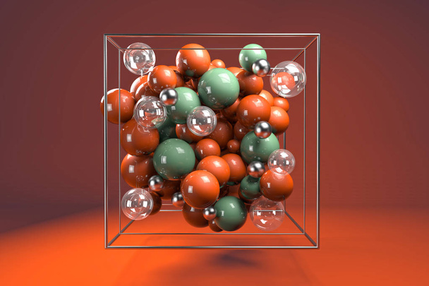 3D-Gruppe bunter Hochglanzkugeln in verchromtem Drahtwürfel. leuchtend orange und grüne Plastikkugeln mit transparenten Blasen und Metallkugeln. zentrierte Komposition auf orangem Hintergrund.  - Foto, Bild