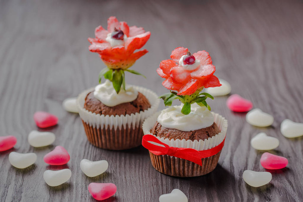 muffins festive,baking for Valentine's Day,The 14th of February,muffins for holidays,muffins for Valentine's Day,muffins with the symbolism of the heart,homemade baking,muffins decorated,muffins with  - Photo, Image