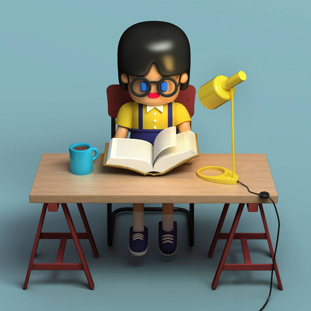 3d representación de niña en gafas libro de lectura. Lindo espacio de trabajo. Dibujos animados estilizado
. - Foto, Imagen