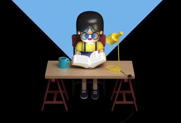 3d renderização de menina em óculos estudar tarde da noite. Bonito espaço de trabalho. Desenhos animados estilizados
 . - Foto, Imagem