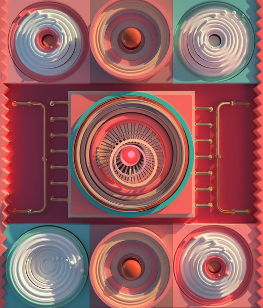 3d renderizado mecanismo de ciencia ficción representado con bloques de electrones volando alrededor de sus núcleos versión 2
 - Foto, Imagen