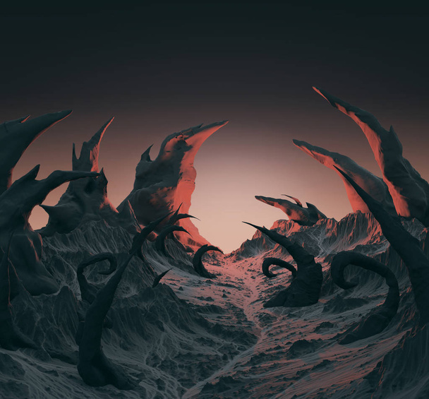 3D-Darstellung von Horrorlandschaften. trockene verdrehte Dornen, Ähren, die aus dem trockenen Steinboden herausragen. bösen dämonischen Planeten Hintergrund für Halloween-Plakat.  - Foto, Bild