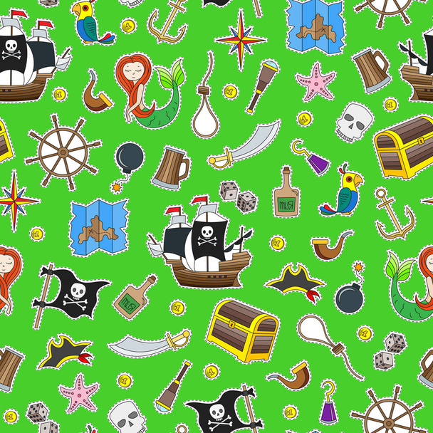 Naadloze illustratie van het onderwerp van piraterij en maritieme reizen kleur patch pictogrammen op groene achtergrond - Vector, afbeelding