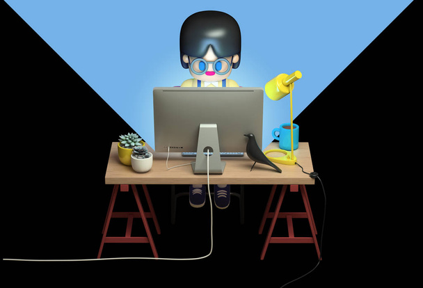 3d rendering of little girl in glasses working on computer late at night . Cute working space. Cartoon stylized . - Photo, Image