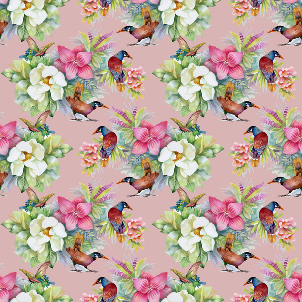Watercolor hand drawn seamless pattern with beautiful colorful flowers and birds - Valokuva, kuva