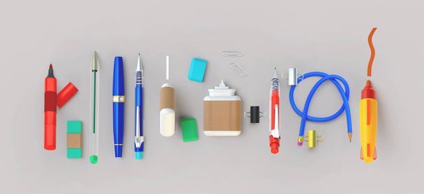 3d rendering of paint and write tools set. Stationery lying in a row on the grey background. Education or school supplies items in nice bright cartoon style. Top view  - Foto, afbeelding
