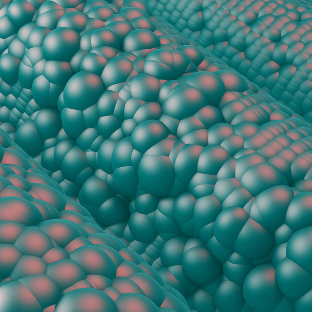 3D-weergave van boloppervlak. Abstracte achtergrond met vele glanzend plastic bollen. Micro divisie cellen.  - Foto, afbeelding