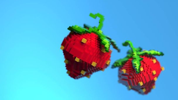 renderowania 3D stylizowane voxel truskawek.  - Zdjęcie, obraz