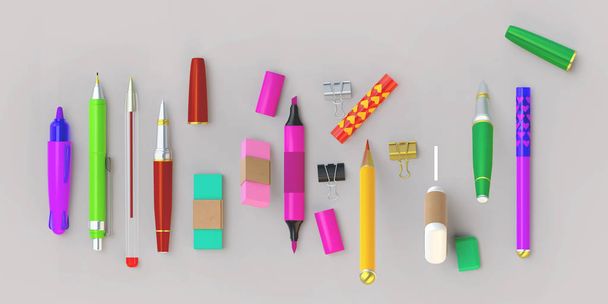 3D-Rendering von Farb- und Schreibwerkzeugen Set. Schreibwaren liegen in einer Reihe auf dem grauen Hintergrund. Bildung oder Schulbedarf Artikel in schönen hellen Cartoon-Stil. Ansicht von oben  - Foto, Bild