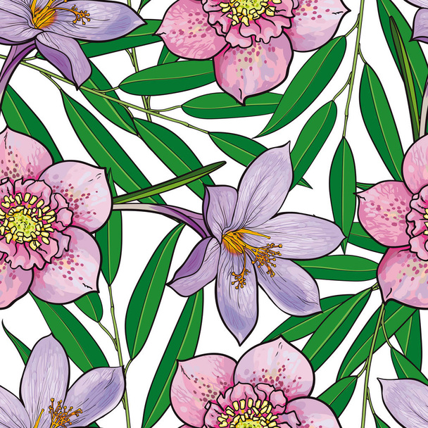 Vector hellebores crocus flower seamless pattern - Vector, Imagen