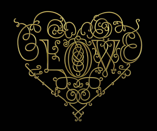 Corazón adornado con caligrafía hecha a mano. Texto "amor". Elemento decorativo en forma de corazón dorado sobre fondo negro
. - Foto, imagen