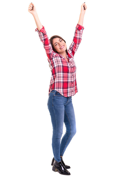 Studio shot: Happy woman with raised arms - Φωτογραφία, εικόνα