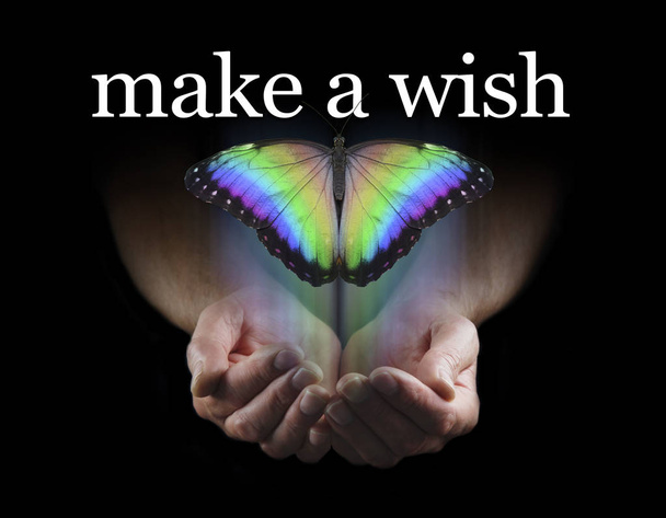 Maak een wens - mannelijke holle handen opkomende uit zwarte achtergrond met een grote regenboog gekleurde vlinder stijgt naar boven naar de woorden van Make A Wish - Foto, afbeelding