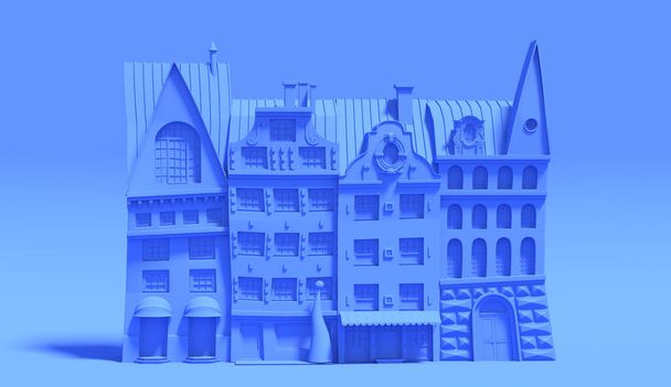 漫画ヨーロッパの家の 3 d レンダリングします。紙様式化された古い町で作られました。モノクロには、青の背景に都市が描かれています。冬通りイラスト、デザインの設定. - 写真・画像