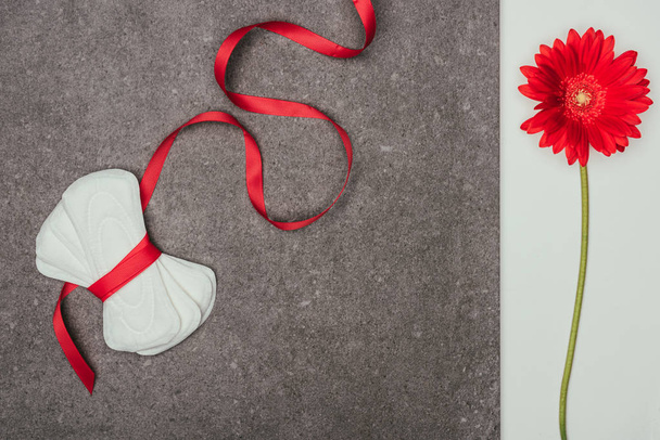 верхний вид устроенных менструальных прокладок с лентой и красным цветком на серой поверхности
 - Фото, изображение