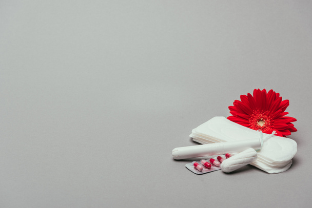 close up view of flower,pills, menstrual pads and tampons isolated on grey - Photo, Image