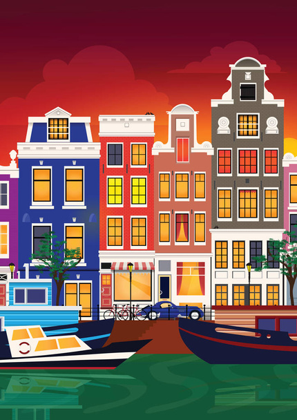 Επίπεδη γελοιογραφία πολύχρωμη πολύχρωμα κτίρια ιστορικής πόλης Άμστερνταμ Ολλανδία Πανόραμα. - Διάνυσμα, εικόνα