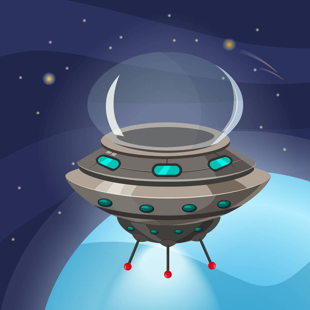 UFO spaceship, cartoon style, background space planet, isolated, vector, illustration - Vektor, Bild