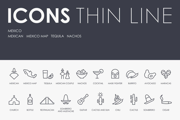 vektorové ilustrace design sada z Mexika tenké linie vektorové ikony a piktogramy - Vektor, obrázek