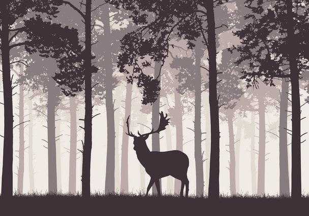 Ретро хвойный лес с силуэтом оленя
 - Вектор,изображение