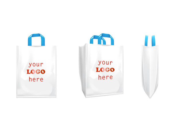 3D vector white shopping bags with blue handles - Вектор,изображение