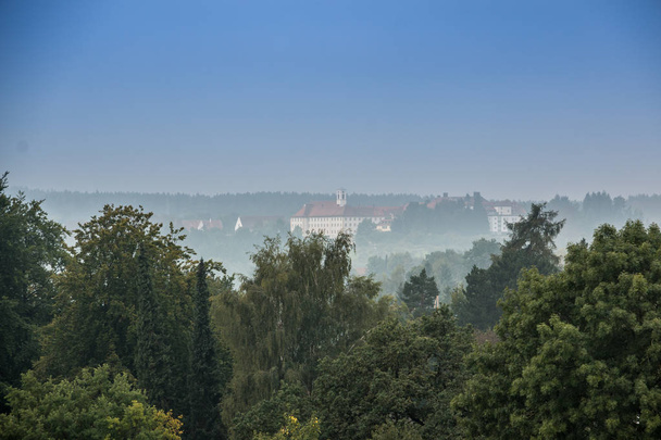 View above the trees of the green forest toward the cloister - Photo, Image