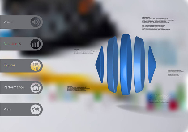 3D ilustracja infografikę szablon z dwóch stożków i trzy cylindry poziomo ułożone - Wektor, obraz