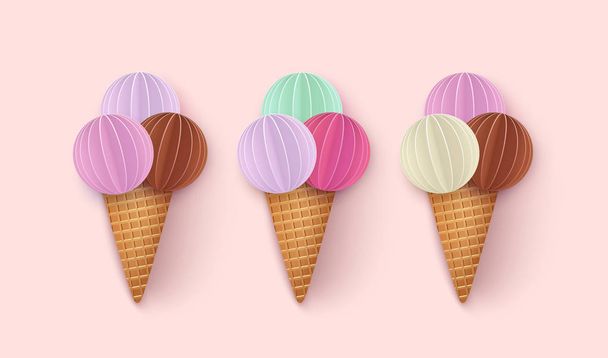 Set of ice cream horns, Punchy Pastels. Isolated 3D Objects for Advertising ice cream, Vacation, Summer time. Paper cut. Vector Illustration - Vecteur, image