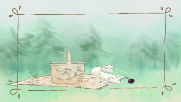 conejo blanco blanquea un huevo en un prado verde de primavera robando una zanahoria de una cesta de picnic
 - Imágenes, Vídeo