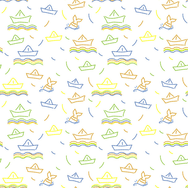 Seamless nautical pattern, vector child like illustration - Vetor, Imagem