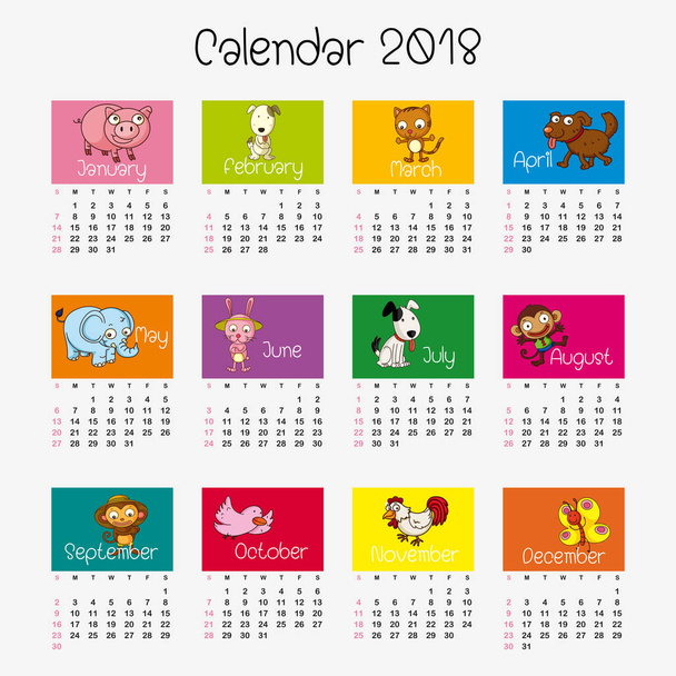 Plantilla de calendario con diferentes animales
  - Vector, Imagen