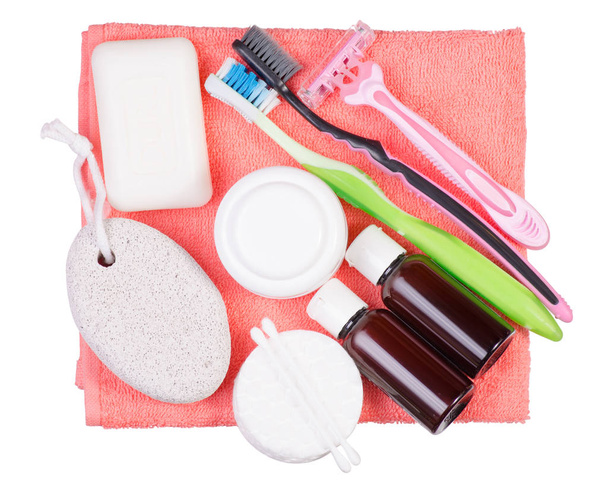 Set for bath soap cream lotion razor toothbrushes towel - Φωτογραφία, εικόνα