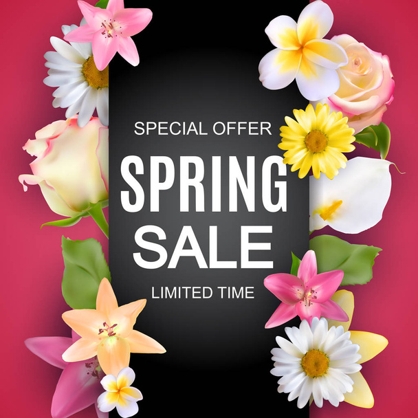 Spring Sale Cute Background with Colorful Flower Elements. Vector Illustration - Vektör, Görsel