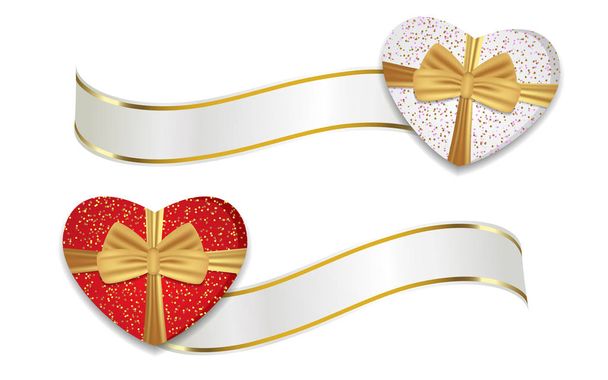 Red and white hearts shaped boxes with ribbons and golden bows. Decoration for Valentine's day and other holidays. Vector - Διάνυσμα, εικόνα