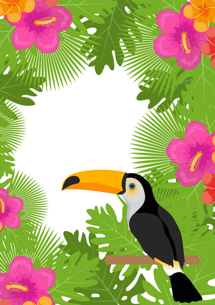 Trópusi virágok, növények és a tukán madár keret. Nyári virágos sablon a design. Egzotikus háttérben. Vektoros illusztráció. - Vektor, kép