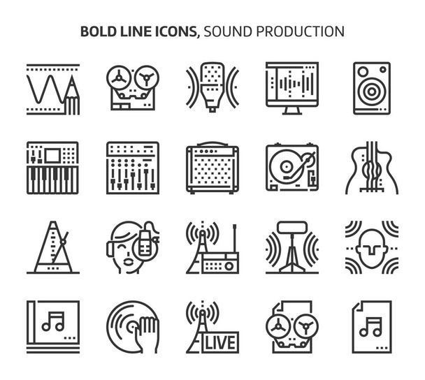Sound production, bold line icons - Vector, Image