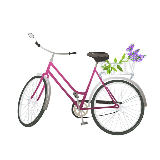 Bicycle with flowers in basket. - Vektor, kép
