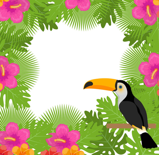 Quadro tropical com flores, plantas e tucano pássaro. Verão modelo floral para o seu projeto. Fundo exótico. Ilustração vetorial
. - Vetor, Imagem