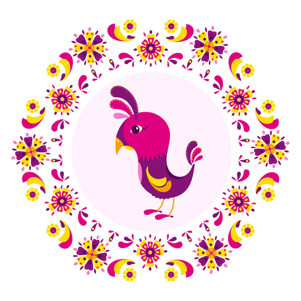 Elemento per il design. Uccello dei cartoni animati circondato da un modello colorato di fiori
 - Vettoriali, immagini