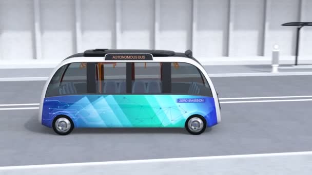Autonomous shuttle bus leaving bus station and passing a vending van on the street. 3D rendering animation. - Footage, Video