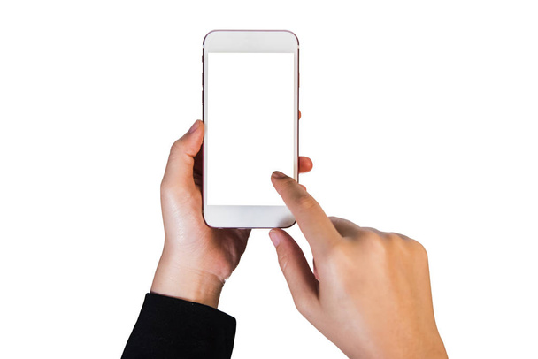 Deux mains tenant le téléphone intelligent grand écran sur fond isoler
 - Photo, image