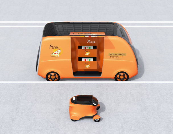 Zijaanzicht van het rijden zelf pizza levering van en de drone in de straat. Laatste anderhalve concept. 3D rendering beeld. - Foto, afbeelding