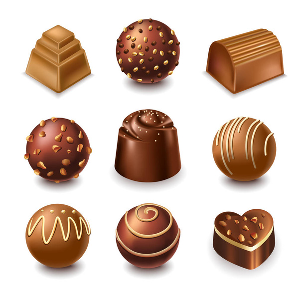 Set of chocolate candy in heart, bar and ball shape, comfit dessert truffle of white and black milk chocolate with nuts or caramel topping - Vetor, Imagem