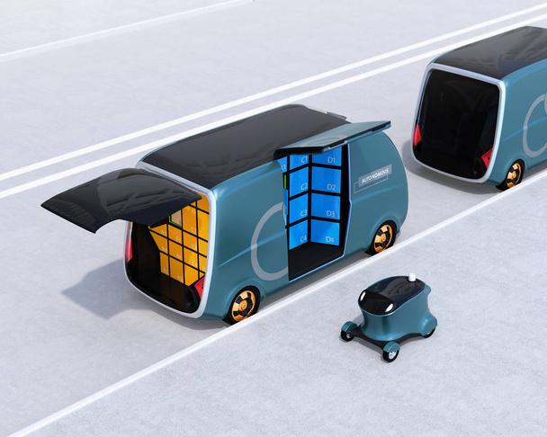 Rear view of delivery vans and drone in the street. Automatic delivery system concept. 3D rendering image. - Photo, Image