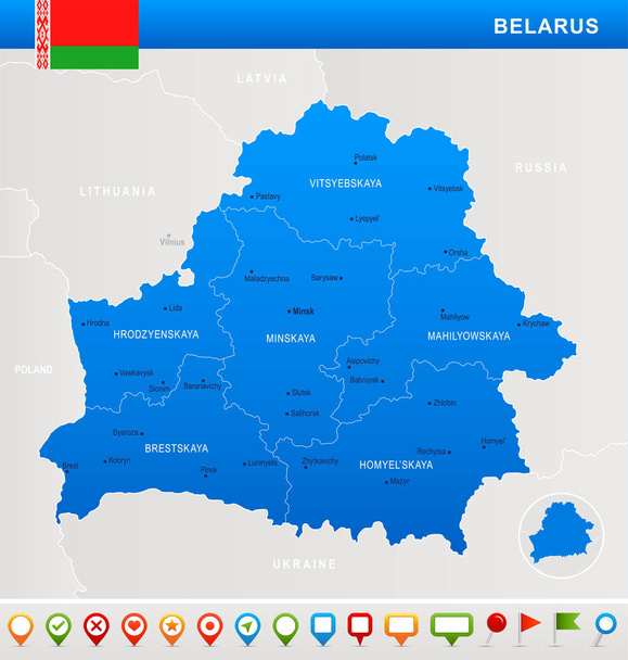 Beyaz Rusya - harita, bayrak ve gezinme simgeleri - detaylı vektör çizim - Vektör, Görsel