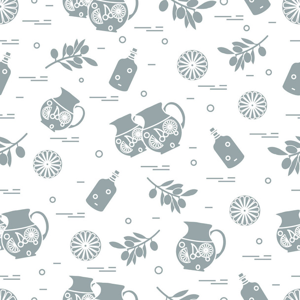 Cute seamless pattern with pitcher of sangria, orange, bottle of - Vector, afbeelding