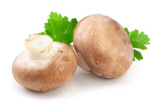 Royal Brown champignon with leaf parsley isolated on white background - Fotó, kép