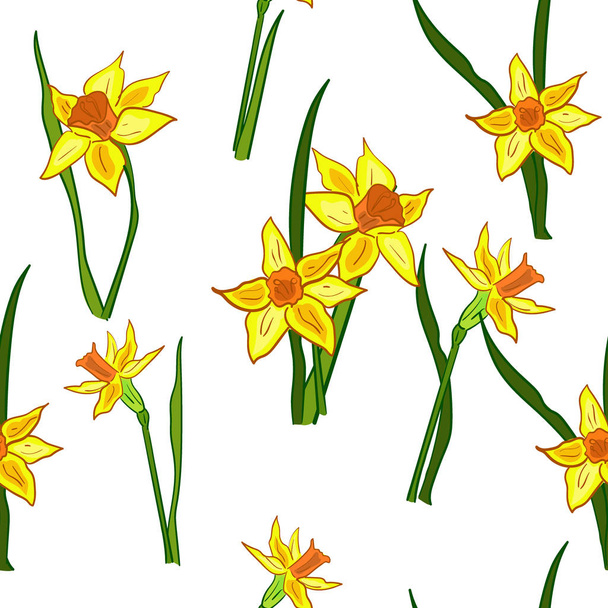 Hand drawn vector seamless pattern with spring daffodils. - Vecteur, image