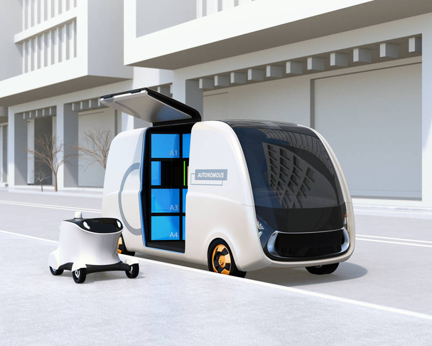 Self-driving delivery van's side door opened. User can pick up their parcels from the locker.  Automatic delivery system concept. 3D rendering image. - Photo, Image