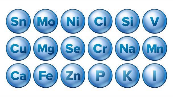 鉱物のアイコンは、ベクトルを設定します。鉱物の青い錠剤のアイコン。薬のカプセル。物質。化学式 3 d ビタミン複合施設。孤立した図 - ベクター画像
